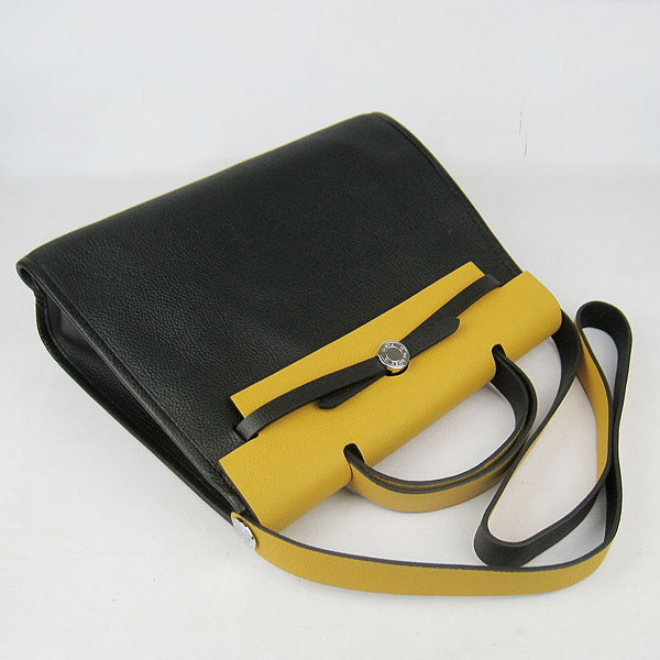 7A Replica Hermes Black/Yellow Kelly 32cm Togo Leather Bag 60667